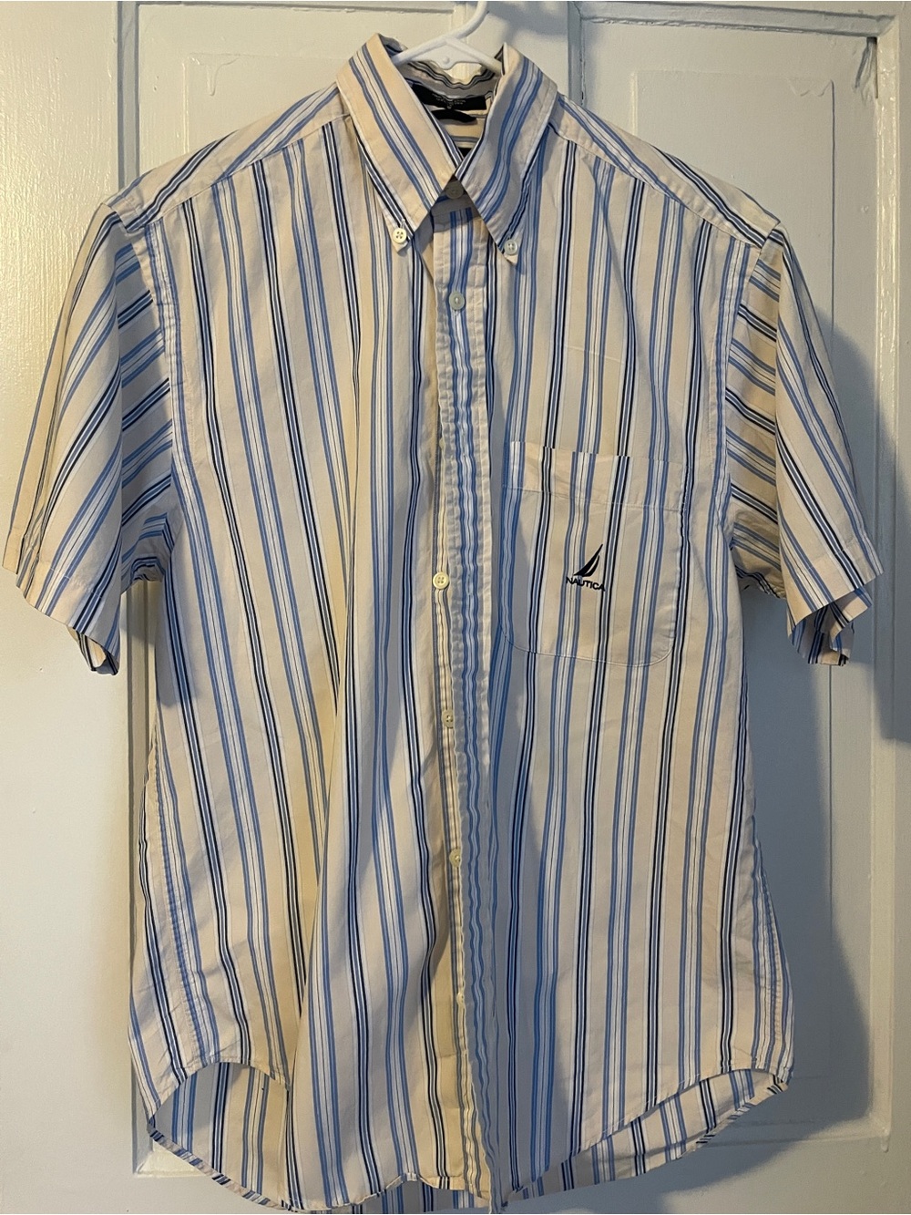 Nautica White and Light Blue Striped Short-Sleeve Button-Down Shirt
